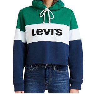 Trendy Levi’s cropped green blue and white hoodie! No damage, stains, or tears.